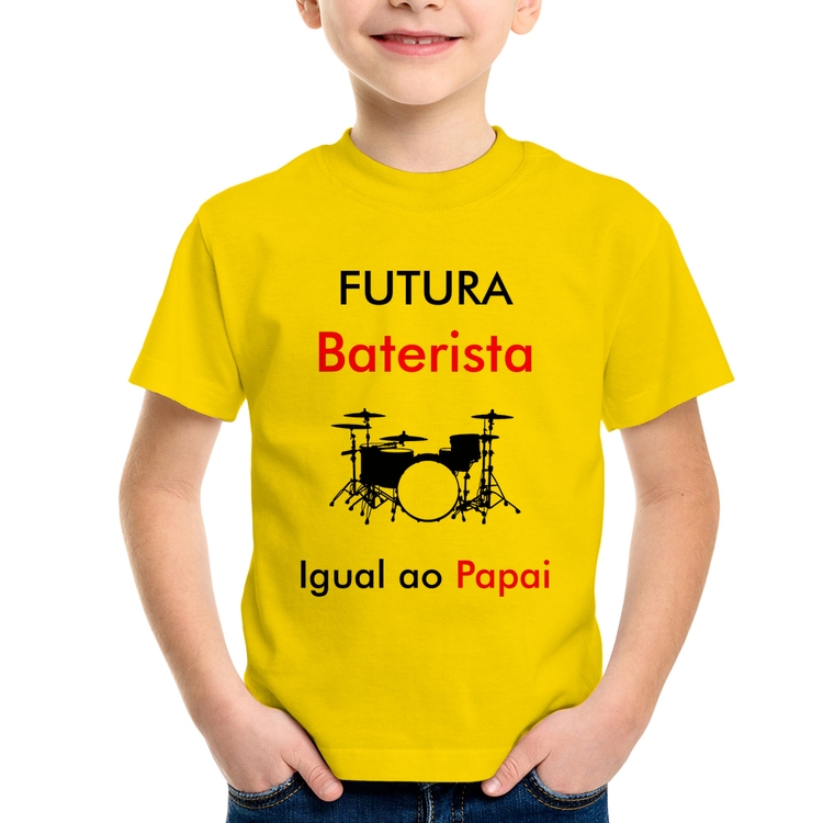 Camiseta Infantil Futura Baterista Igual ao Papai - Amarela