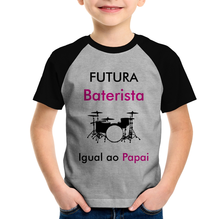 Camiseta Raglan Infantil Futura Baterista Igual ao Papai - Cinza/Preto