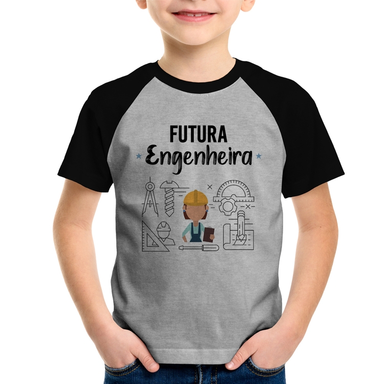 Camiseta Raglan Infantil Futura Engenheira - Cinza/Preto