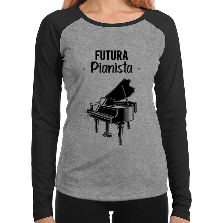 Baby Look Raglan Futura Pianista Manga Longa - Cinza/Preto