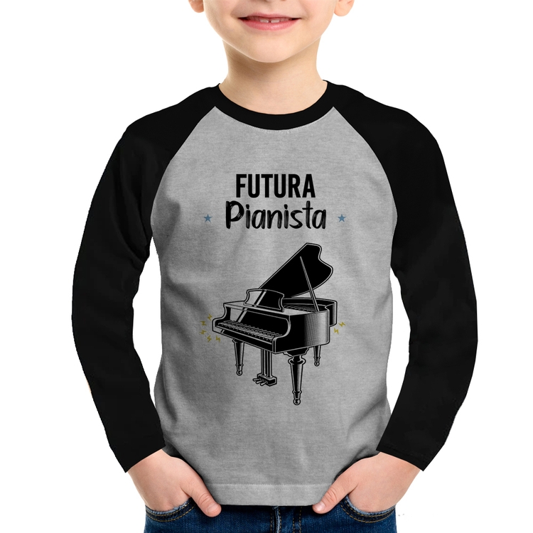 Camiseta Raglan Infantil Futura Pianista Manga Longa - Cinza/Preto