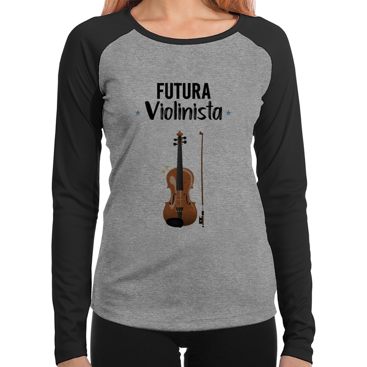 Baby Look Raglan Futura Violinista Manga Longa - Cinza/Preto
