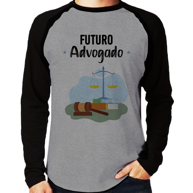 Camiseta Raglan Futuro Advogado Manga Longa - Cinza/Preto