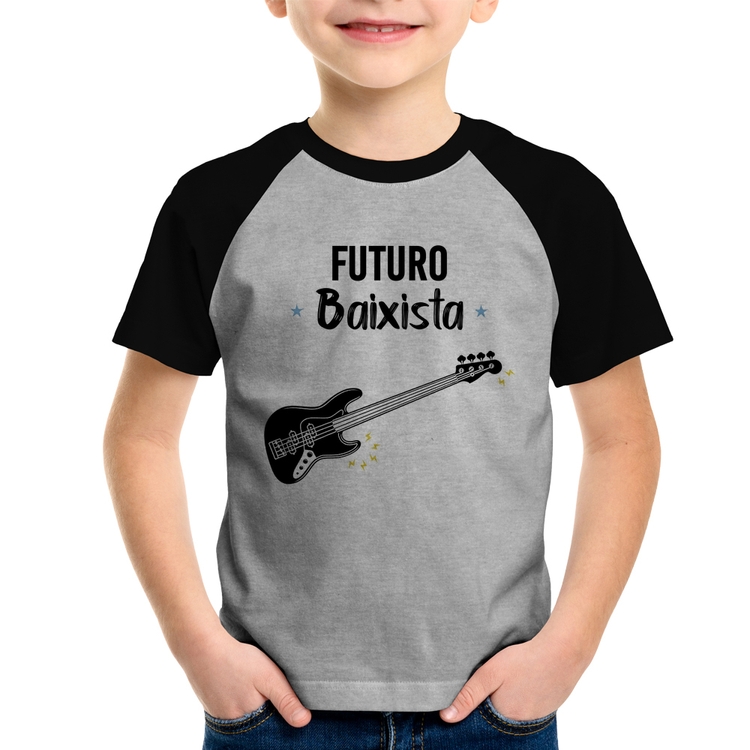 Camiseta Raglan Infantil Futuro Baixista - Cinza/Preto