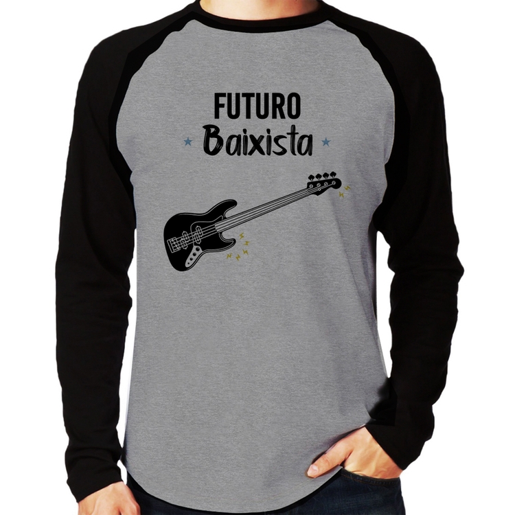 Camiseta Raglan Futuro Baixista Manga Longa - Cinza/Preto