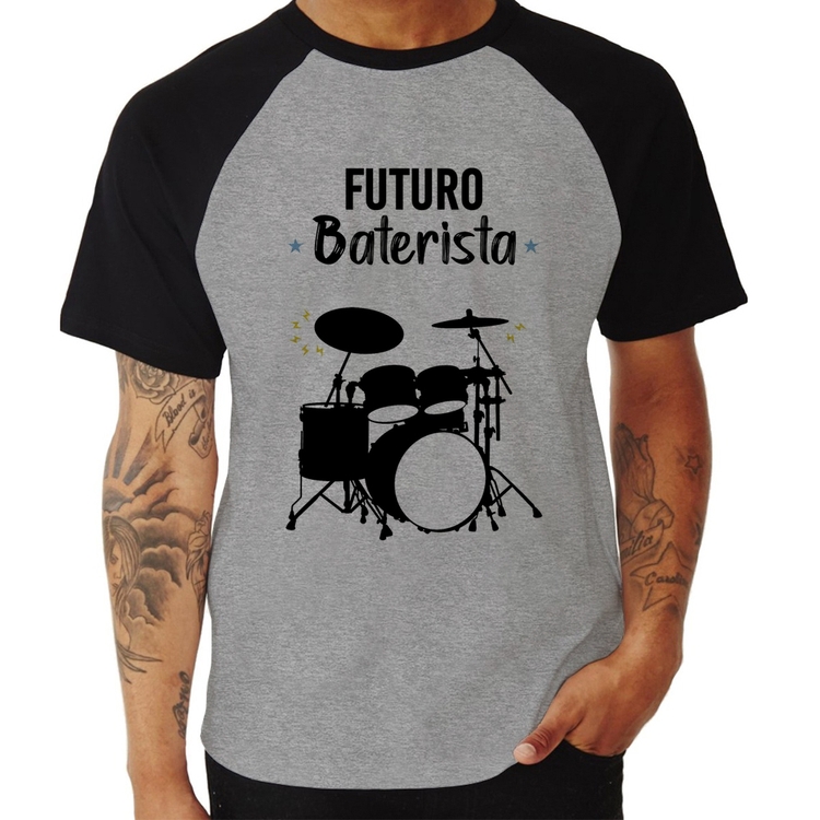Camiseta Raglan Futuro Baterista - Cinza/Preto