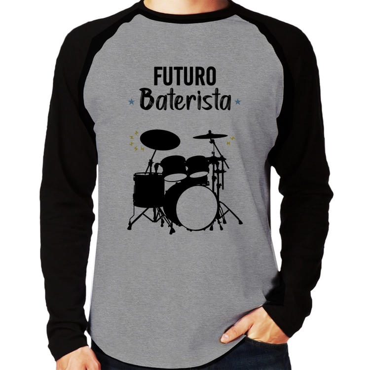 Camiseta Raglan Futuro Baterista Manga Longa - Cinza/Preto