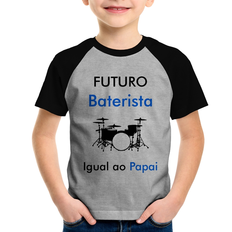 Camiseta Raglan Infantil Futuro Baterista Igual ao Papai - Cinza/Preto