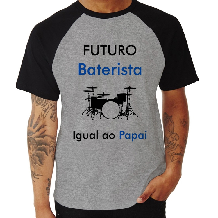 Camiseta Raglan Futuro Baterista Igual ao Papai - Cinza/Preto