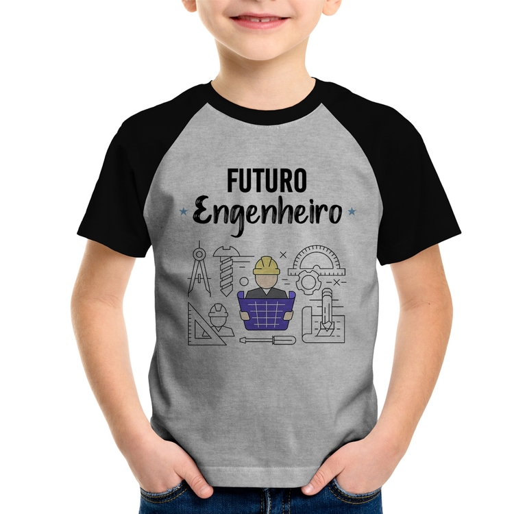 Camiseta Raglan Infantil Futuro Engenheiro - Cinza/Preto