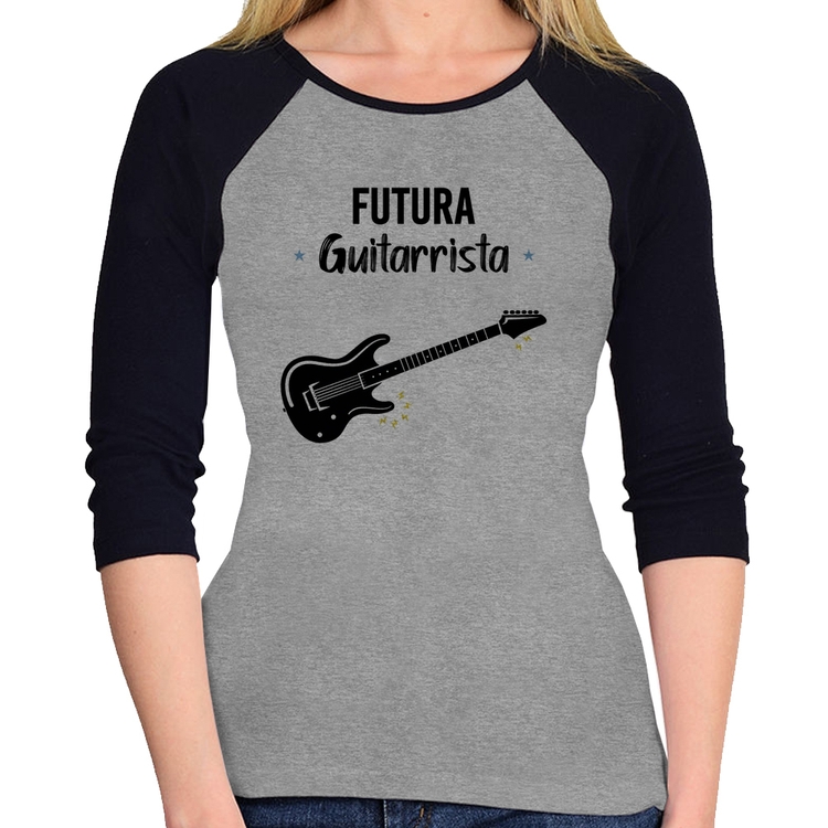 Baby Look Raglan Futura Guitarrista Manga 3/4 - Cinza/Preto