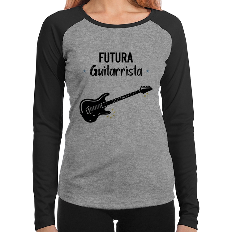 Baby Look Raglan Futura Guitarrista Manga Longa - Cinza/Preto