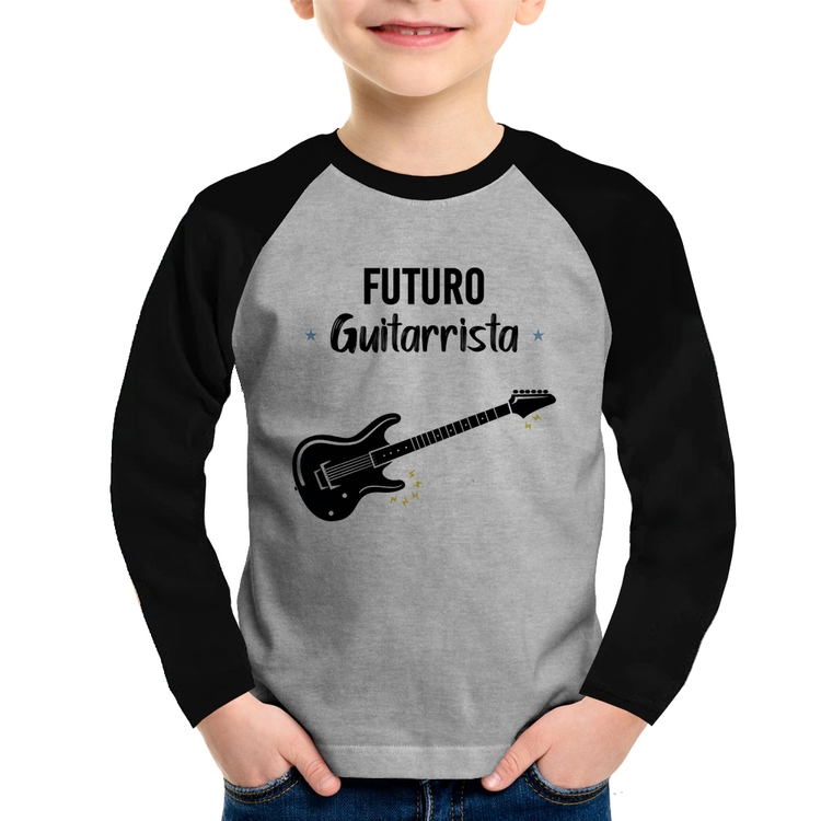 Camiseta Raglan Infantil Futuro Guitarrista Manga Longa - Cinza/Preto