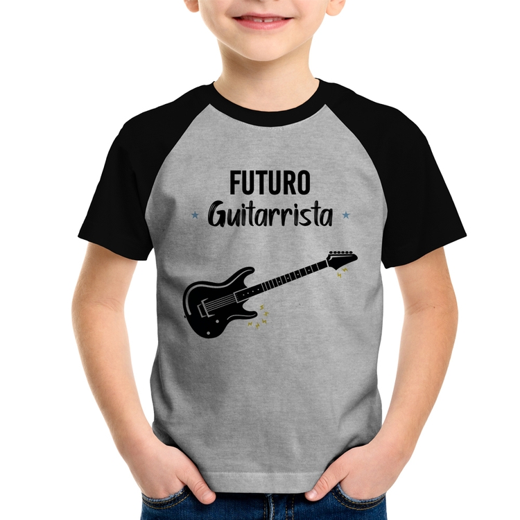 Camiseta Raglan Infantil Futuro Guitarrista - Cinza/Preto