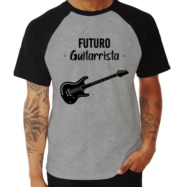 Camiseta Raglan Futuro Guitarrista - Cinza/Preto
