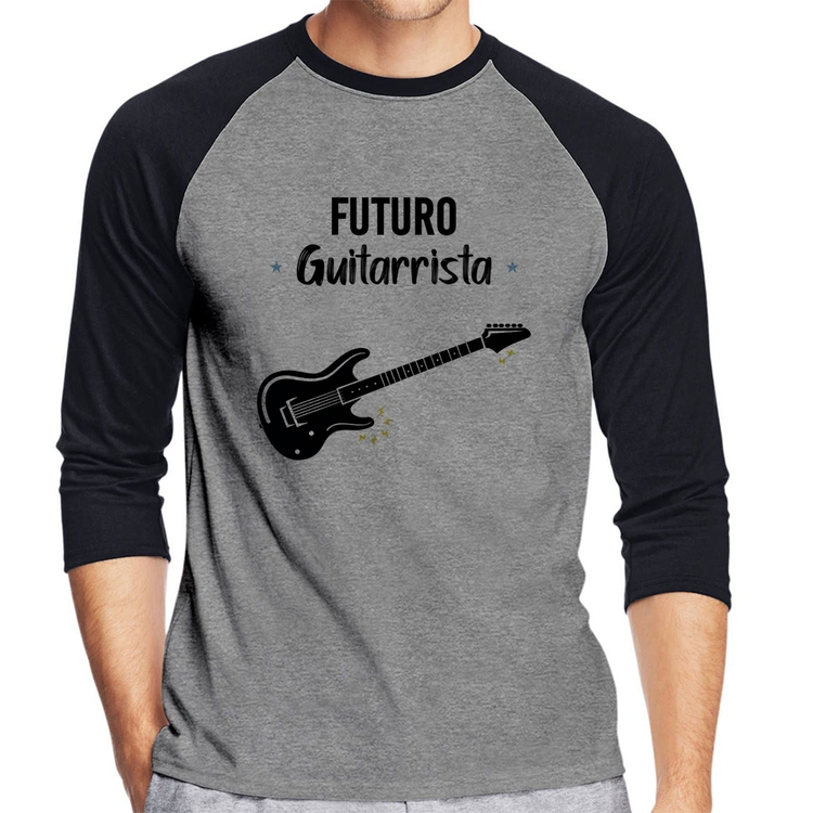 Camiseta Raglan Futuro Guitarrista Manga 3/4 - Cinza/Preto