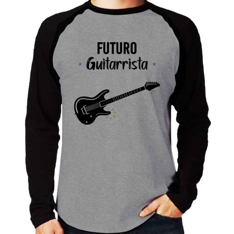 Camiseta Raglan Futuro Guitarrista Manga Longa - Cinza/Preto