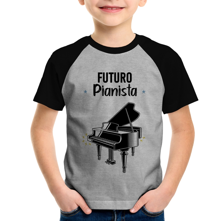 Camiseta Raglan Infantil Futuro Pianista - Cinza/Preto