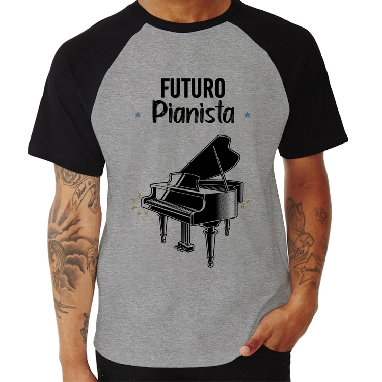 Camiseta Raglan Futuro Pianista - Cinza/Preto