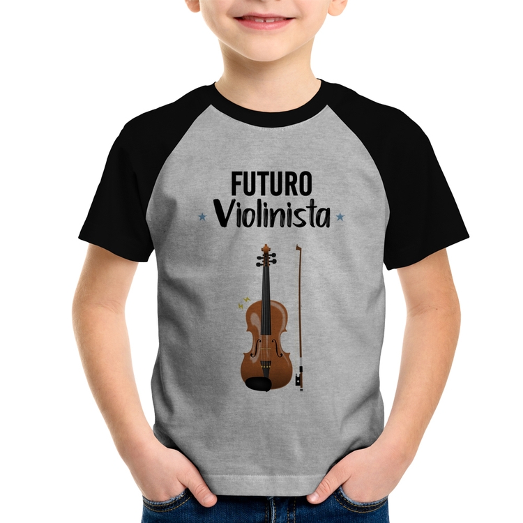Camiseta Raglan Infantil Futuro Violinista - Cinza/Preto