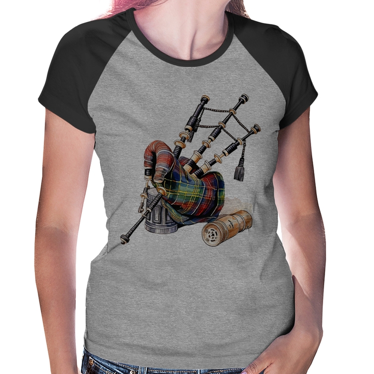 Baby Look Raglan Gaita de Foles - Cinza/Preto