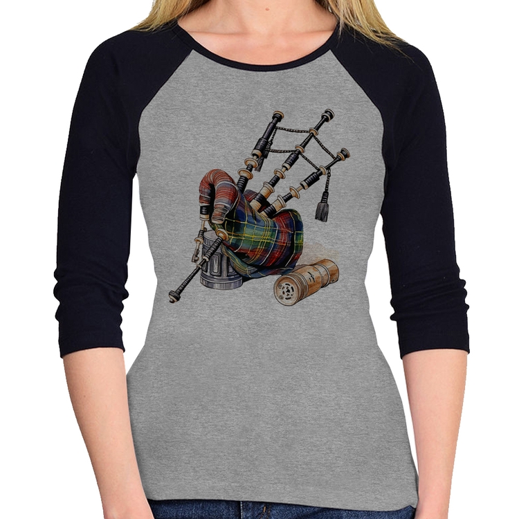 Baby Look Raglan Gaita de Foles Manga 3/4 - Cinza/Preto