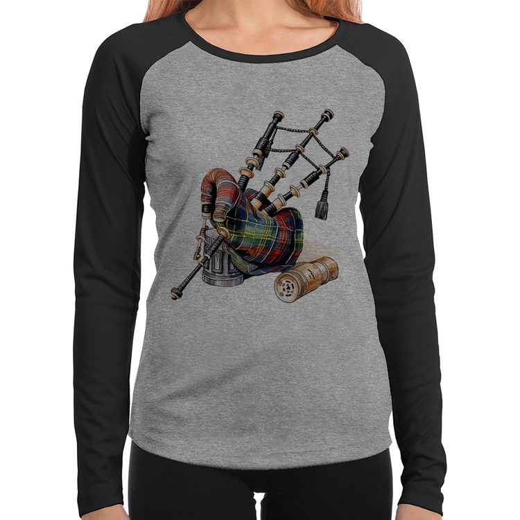 Baby Look Raglan Gaita de Foles Manga Longa - Cinza/Preto