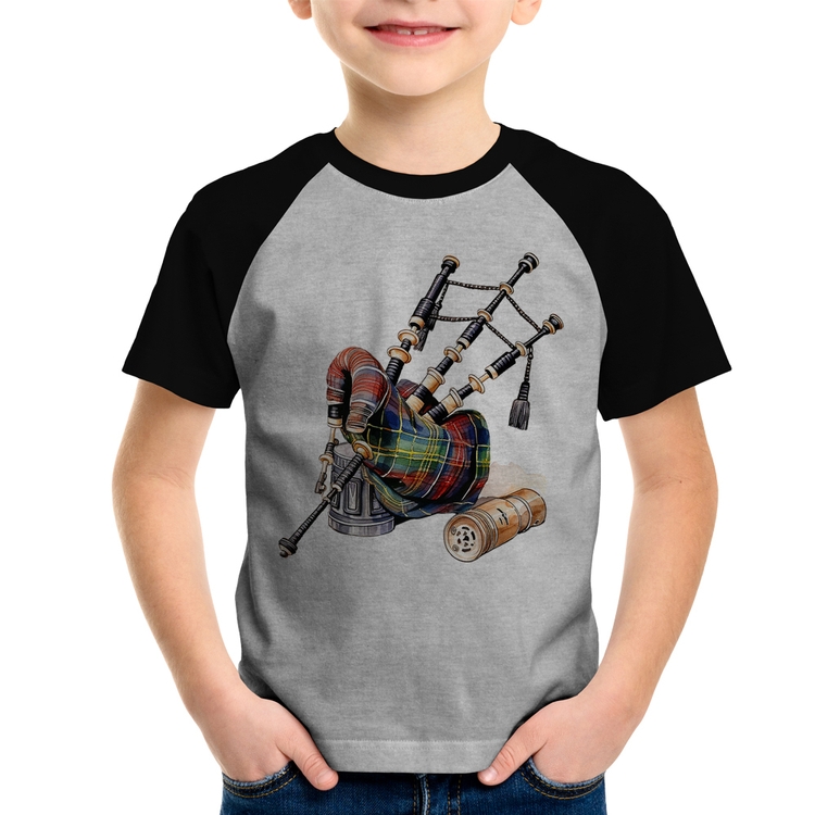 Camiseta Raglan Infantil Gaita de Foles - Cinza/Preto