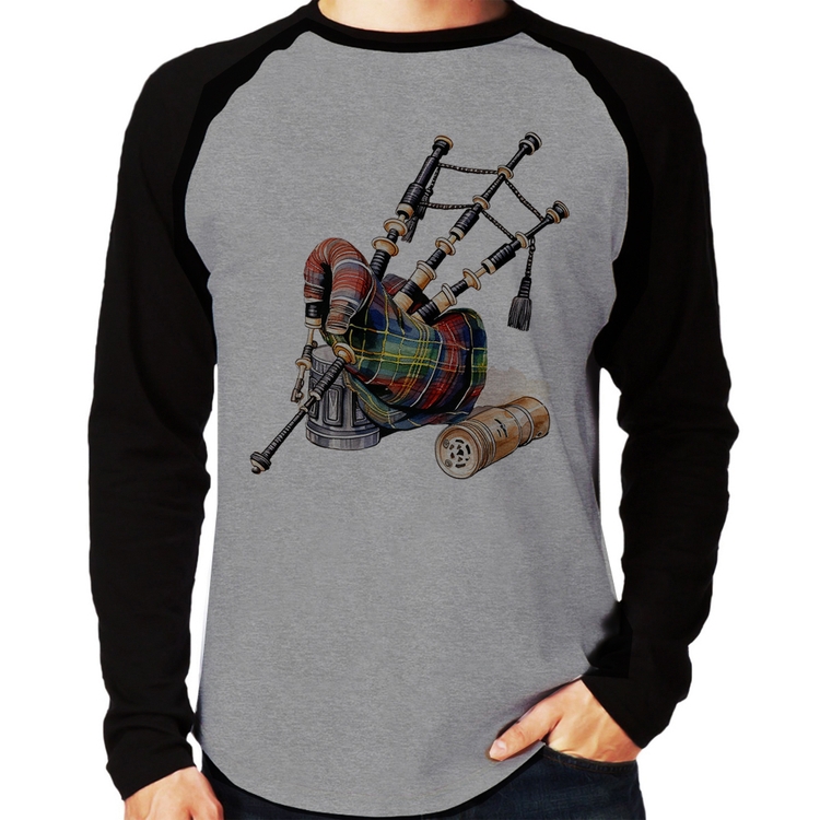 Camiseta Raglan Gaita de Foles Manga Longa - Cinza/Preto