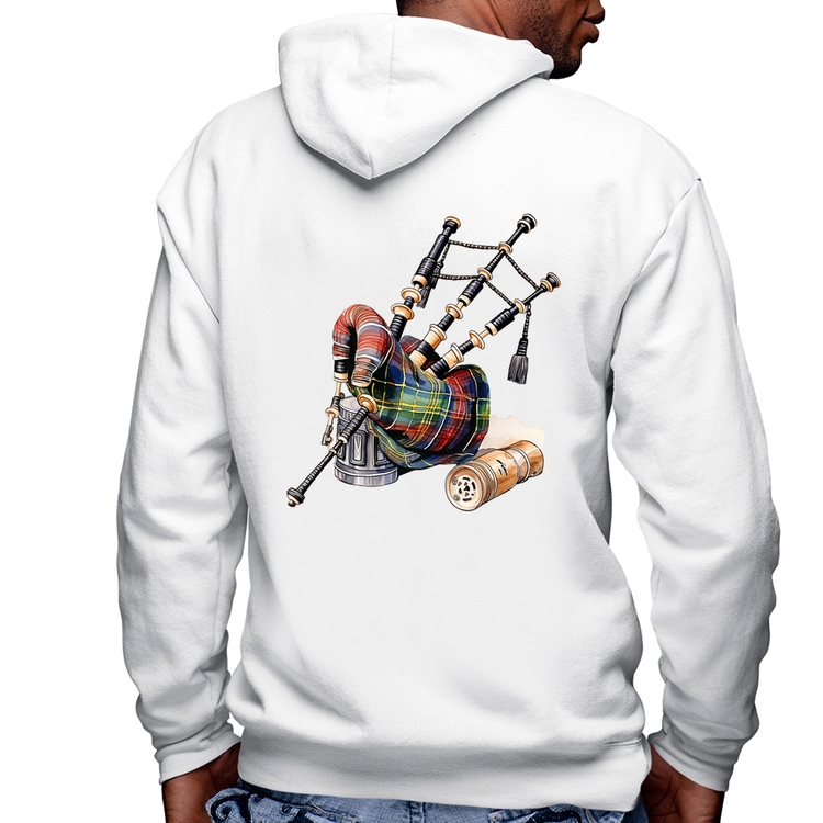 Blusa Moletom Gaita de Foles Masculina com Capuz e Zíper - Branca