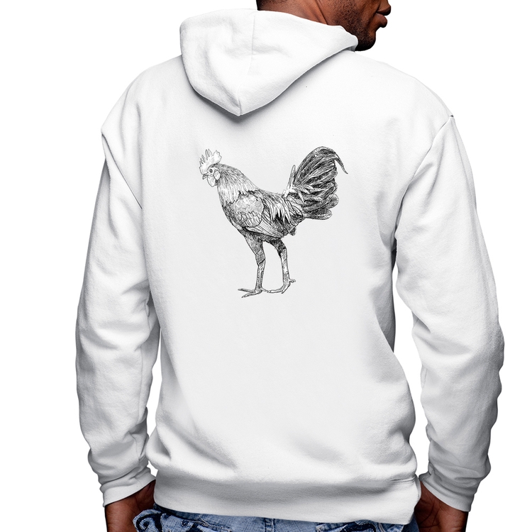 Blusa Moletom Galo Desenho Masculina com Capuz e Zíper - Branca