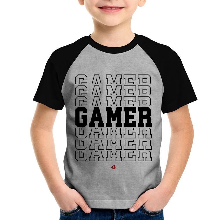 Camiseta Raglan Infantil Gamer - Cinza/Preto