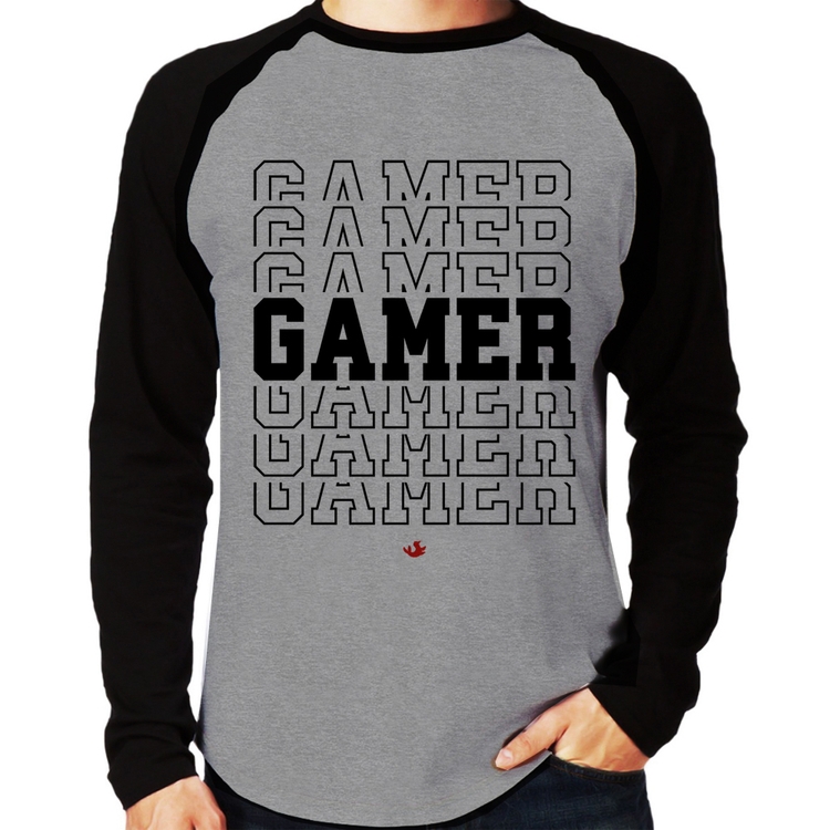 Camiseta Raglan Gamer Manga Longa - Cinza/Preto
