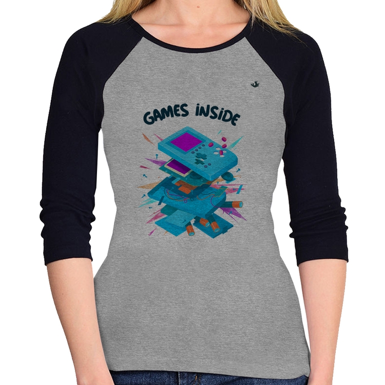 Baby Look Raglan Games Inside Manga 3/4 - Cinza/Preto