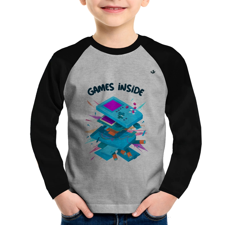 Camiseta Raglan Infantil Games Inside Manga Longa - Cinza/Preto