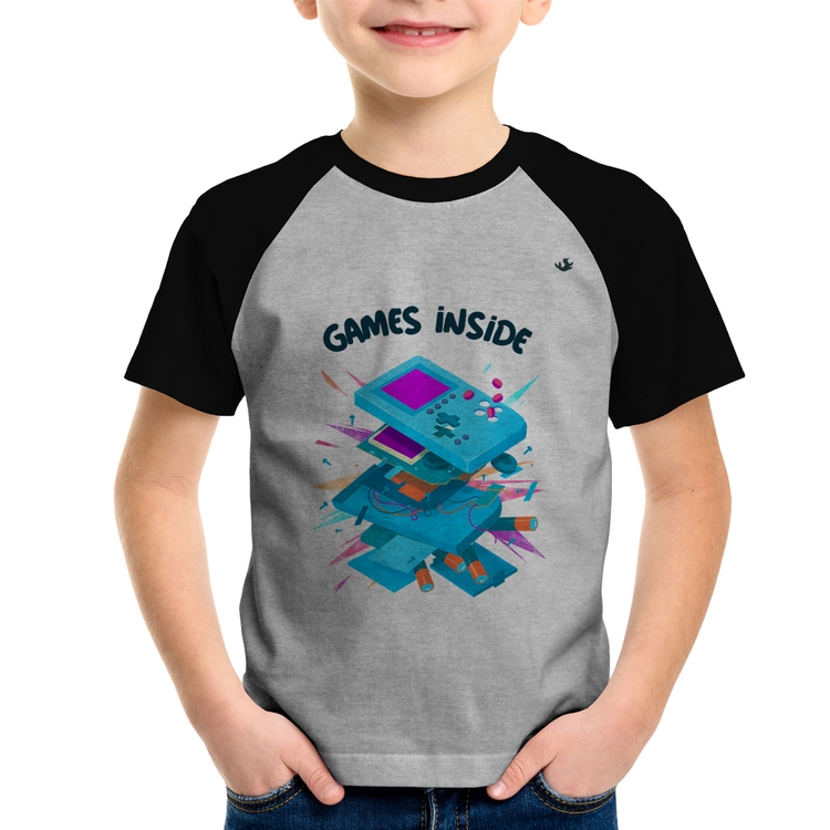 Camiseta Raglan Infantil Games Inside - Cinza/Preto