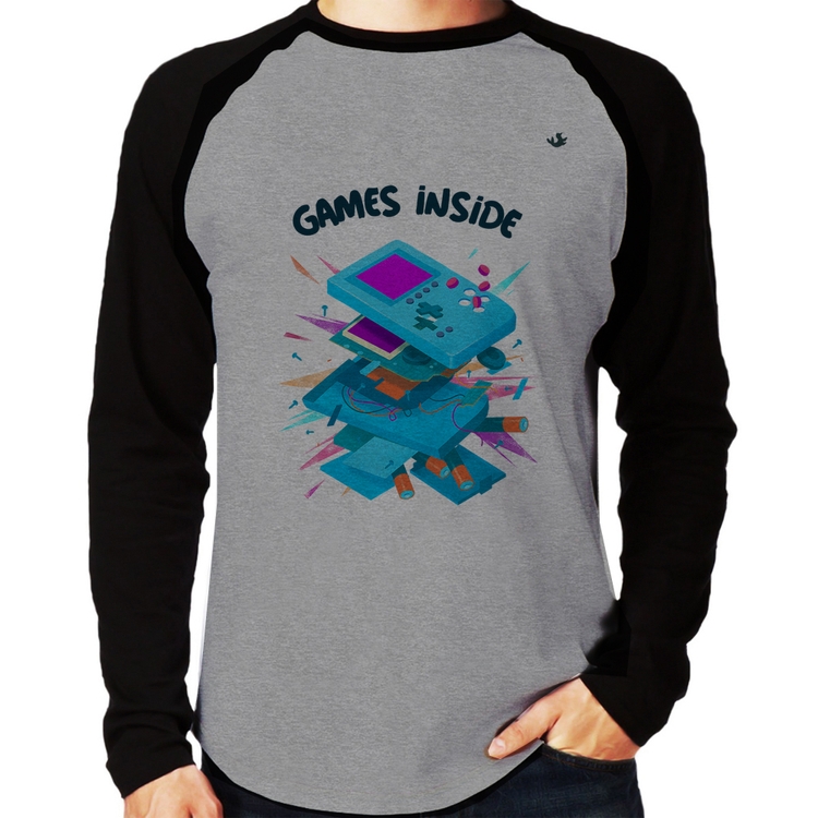 Camiseta Raglan Games Inside Manga Longa - Cinza/Preto