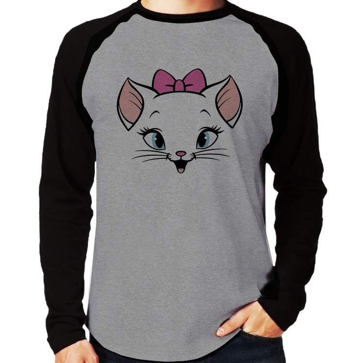 Camiseta Raglan Gatinha Manga Longa - Cinza/Preto