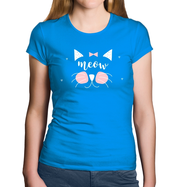 Baby Look Algodão Gatinha Meow - Azul