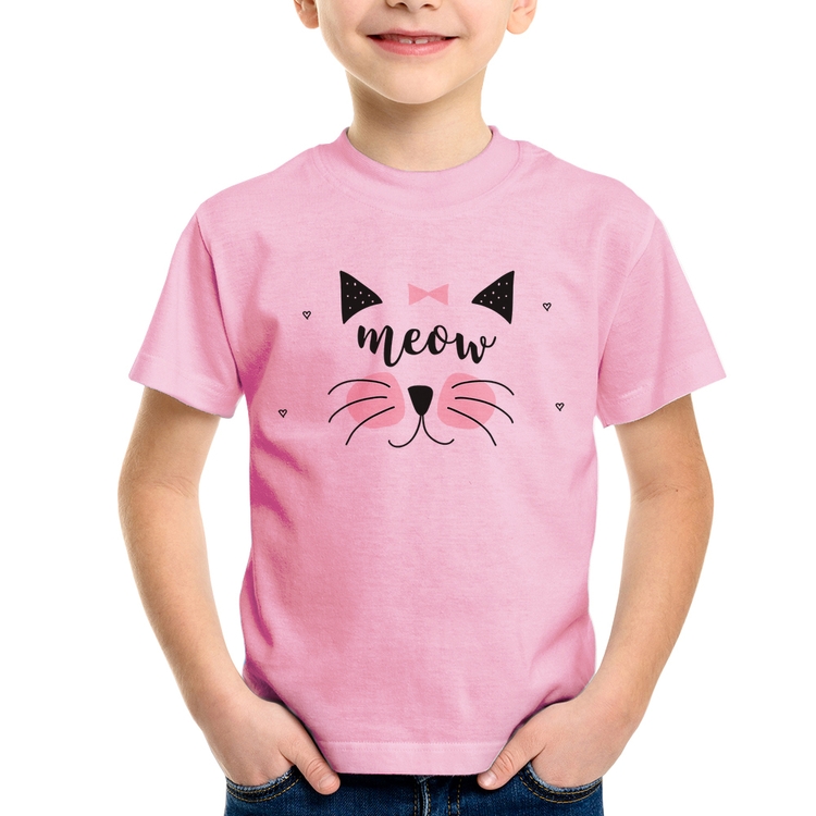 Camiseta Infantil Gatinha Meow - Rosa Bebê