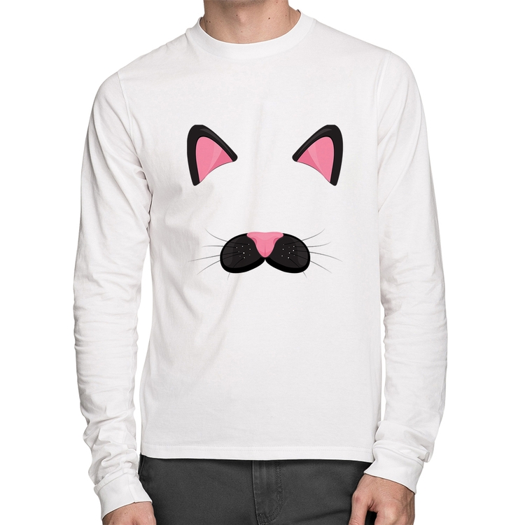 Camiseta Algodão Gatinha Orelhinha Manga Longa - Branca