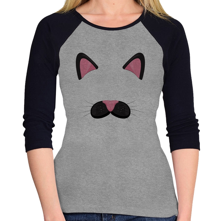 Baby Look Raglan Gatinha Orelhinha Manga 3/4 - Cinza/Preto