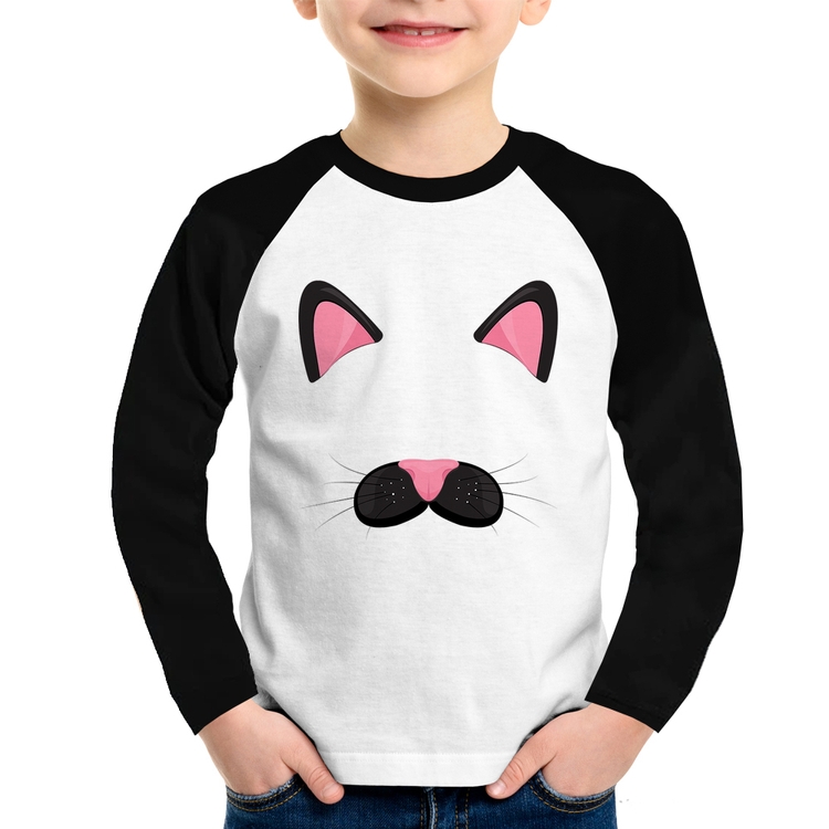 Camiseta Raglan Infantil Gatinha Orelhinha Manga Longa