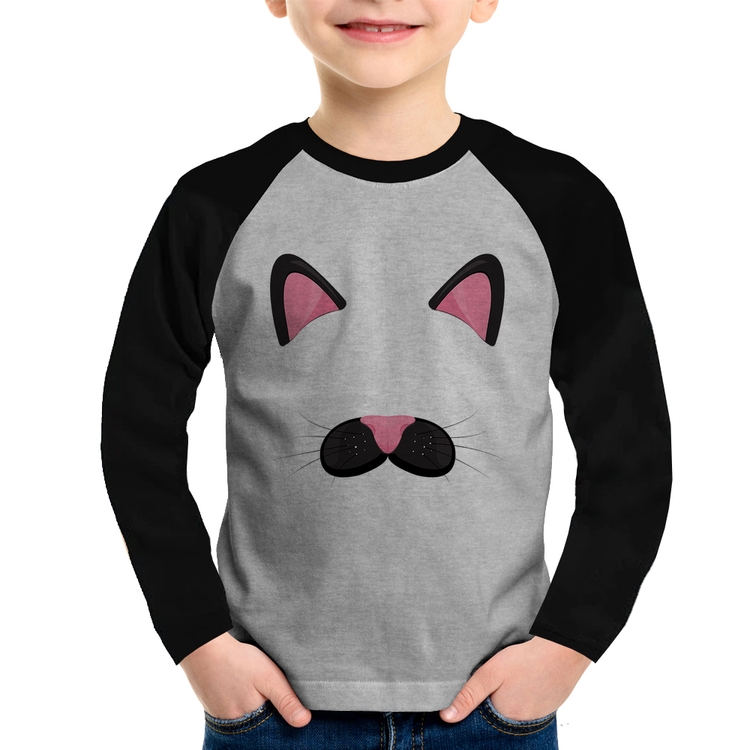 Camiseta Raglan Infantil Gatinha Orelhinha Manga Longa - Cinza/Preto