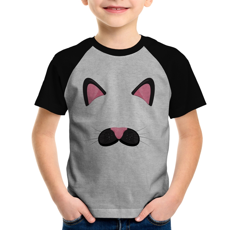 Camiseta Raglan Infantil Gatinha Orelhinha - Cinza/Preto