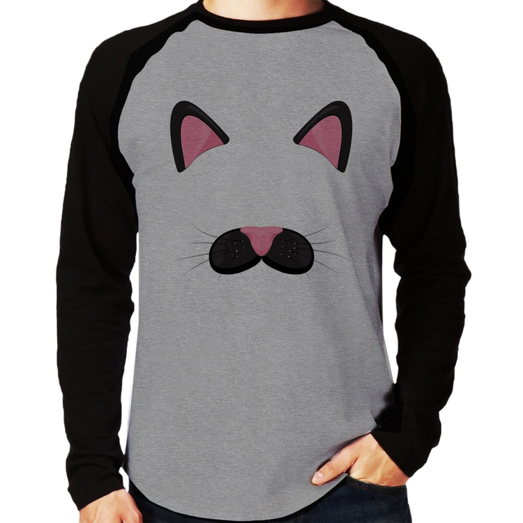 Camiseta Raglan Gatinha Orelhinha Manga Longa - Cinza/Preto