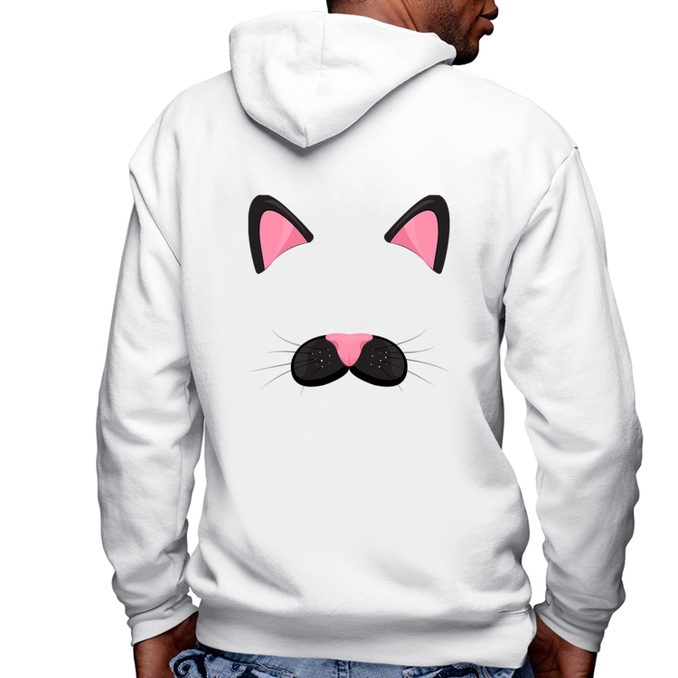 Blusa Moletom Gatinha Orelhinha Masculina com Capuz e Zíper - Branca