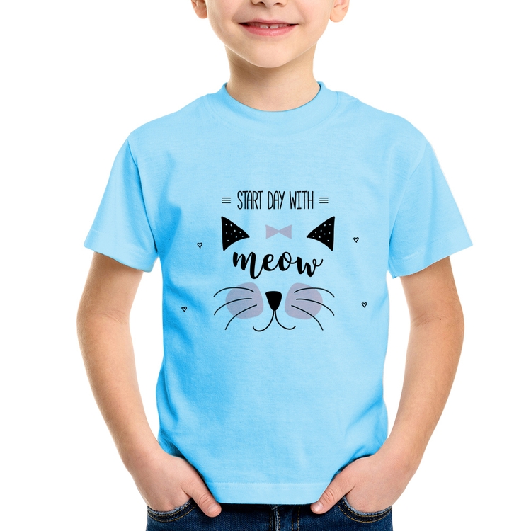 Camiseta Infantil Gatinha Start Day With Meow - Azul Bebê