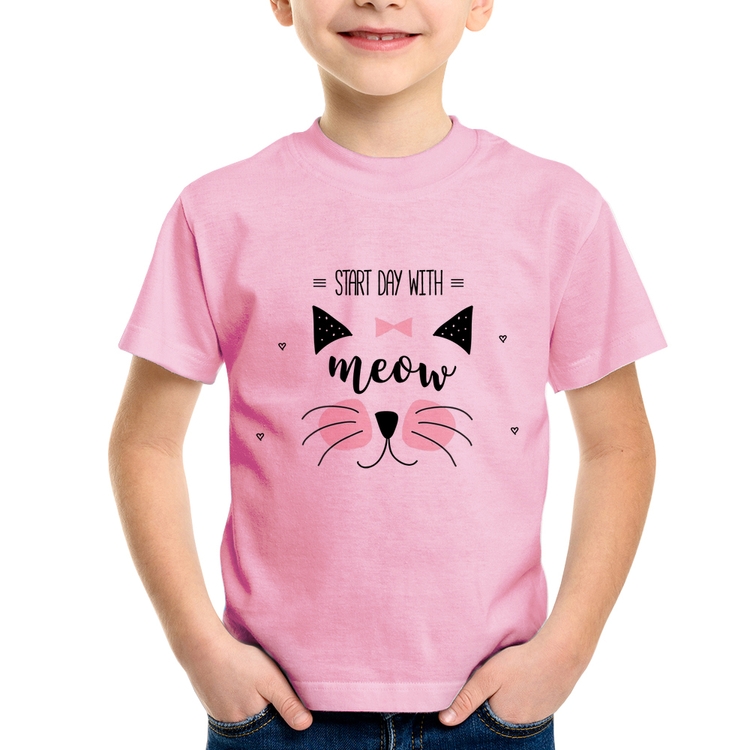 Camiseta Infantil Gatinha Start Day With Meow - Rosa Bebê