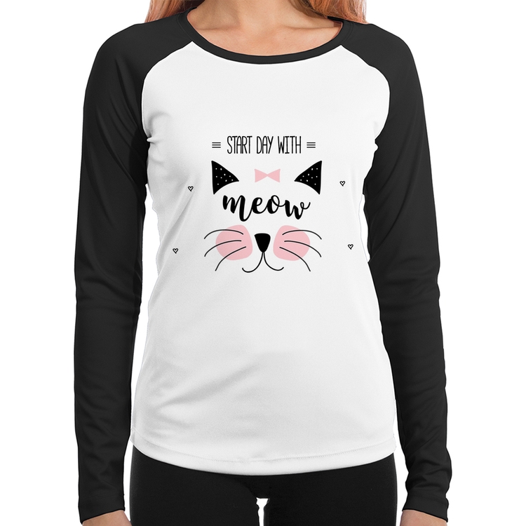 Baby Look Raglan Gatinha Start Day With Meow Manga Longa